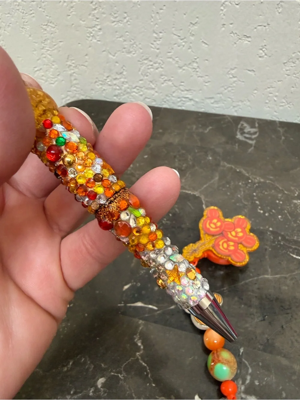 Mickey Halloween Pumpkin Glow Rhinestone Beaded Pen and Matching Badge Reel